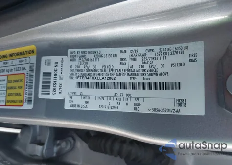 2020 Ford Ranger Xl z USA, uszkodzony, nr VIN 1FTER4FHXLLA12062